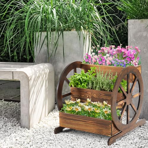 Beeveer 3 Tier Wooden Wagon Planter Box 24" x 24.5" x 22.5" Garden Planter for Outside Wood Planter Box with Drainage Holes Decorative Planters for Patio Garden Balcony Vegetables Flowers Herbs - style: Classic Brown