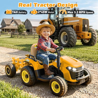 ARBELI 12V 7AH Kids Ride On Tractor w/Trailer & Remote Control, Yellow - color: Yellow