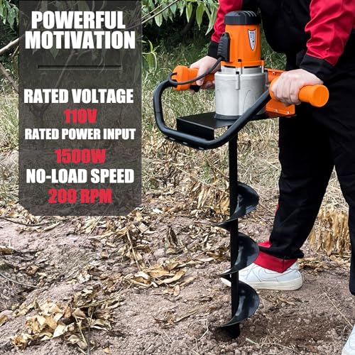 1500W Electric Post Hole Digger 6" & 4" Bits, No Bag, Orange - color: Orange