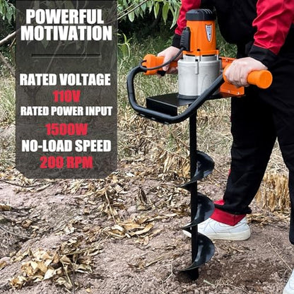 1500W Electric Post Hole Digger 6" & 4" Bits, No Bag, Orange - color: Orange