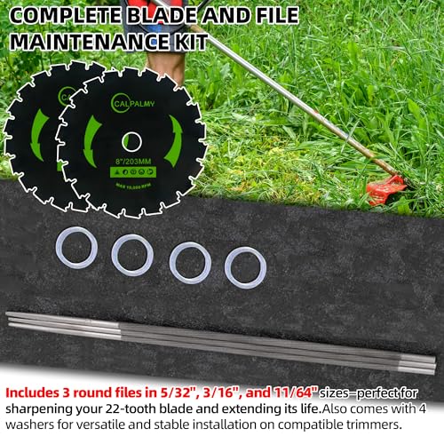 CALPALMY 8" Chainsaw Brush Cutter Blade and File Set - 22 Tooth Circular Trimmer Saw Blade with 3 Assorted Round Files and 4 Washers - Compatible with Husqvarna Brushcutter - size: 8" x 22T
