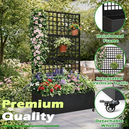 Metal Raised Garden Bed with Slatted Trellis and Wheels, 43” L x 16” W x 71” H Privacy Screen for Climbing Plants, Metal Planter Box with Drainage Holes (Black -Grid Trellis) - color: Black -Grid Trellis