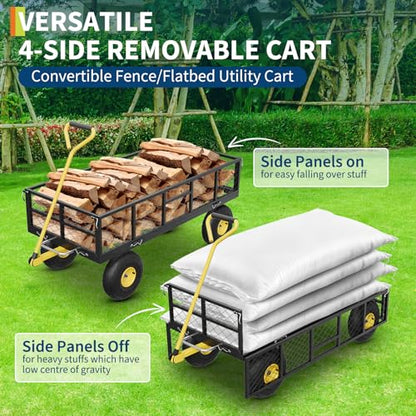 900 lb Heavy Duty Steel Garden Dump Cart, Utility Yard Wagon - Removable Mesh Sides - 10" Pneumatic Tires - 180° Swivel Handle - Outdoor Lawn & Farm Hauling - Black/Yellow, TC1840-3 - color: Black