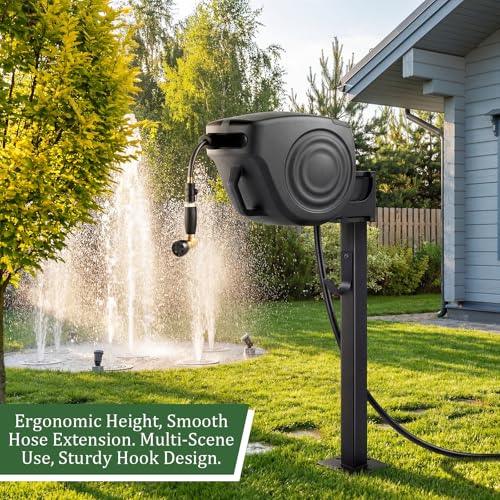 33 Inch Retractable Hose Reel Mounting Post with Multi-functional Hook Heavy Duty Vertical Stand for Garden Outdoor