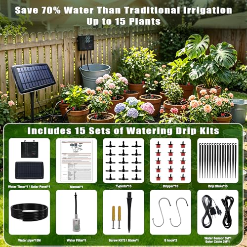 15 Pots Drip Irrigation System, Solar Auto Watering Kit with 49FT Tubing & 15 Drippers, Smart Timer & Water Level Alarm, Stop Plants Withering, for Patio Greenhouse Balcony Garden - color: Ruby Onyx, size: Otd-15 pots-49FT