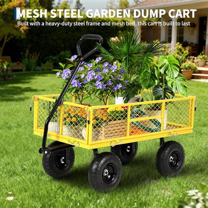 900 Lb Capacity Heavy Duty Steel Garden Cart – 2-in-1 Utility Wagon with Removable Mesh Sides, 10" All-Terrain Tires, Flatbed Conversion, 180° Rotating Handle – Perfect for Lawn, Garden & Backyard - color: Yellow