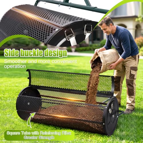High-Capacity Metal Mesh Drum Compost Spreader with Side-Lock Peat Moss Spreader Ideal for Lawn and Garden Maintenance, Meeting Seeding and Fertilizing Needs for Farms and Vegetable Gardens. (44 inch) - size: 44 inch