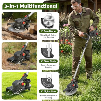 Cordless String Trimmer, 8in Weed Wacker with 2 x 4.0Ah Batteries Foldable - color: Black