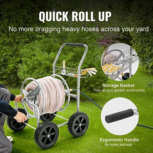 VEVOR Hose Reel Cart, Hold Up to 250 ft of 5/8’’ Hose, Garden Water Hose Carts Mobile Tools with 4 Wheels, Heavy Duty Powder-Coated Steel Outdoor Planting with Storage Basket, for Garden, Yard, Lawn - size: 250 ft