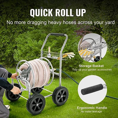 VEVOR Hose Reel Cart, Hold Up to 250 ft of 5/8’’ Hose, Garden Water Hose Carts Mobile Tools with 4 Wheels, Heavy Duty Powder-Coated Steel Outdoor Planting with Storage Basket, for Garden, Yard, Lawn - size: 250 ft
