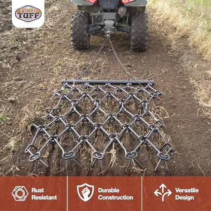 Field Tuff 4 Foot Heavy Duty Steel Durable Chain Rake Field Leveling Drag Harrow Hook Up to ATV, UTV and Utility Tractor, Black - size: 4x4 Foot