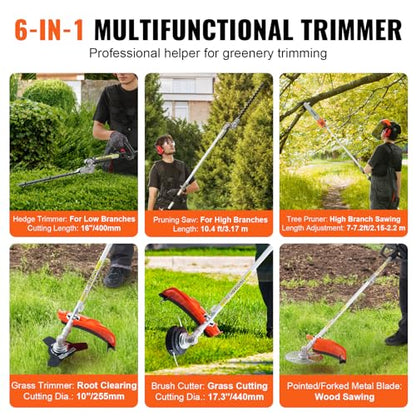VEVOR 43cc 6-in-1 Multi-Functional Trimming Tool, Hedge Trimmer, Weed Eater, String Trimmer, Brush Cutter, Edger, Pole Saw Chainsaw Pruner with Extension Pole, w/EPA, CE and EMC Certification - size: 43cc
