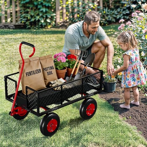 Garvee Steel Garden Cart Wagon,500 Lbs Wheelbarrow Yard Cart-Black&Red - color: Black Red, size: 500lbs