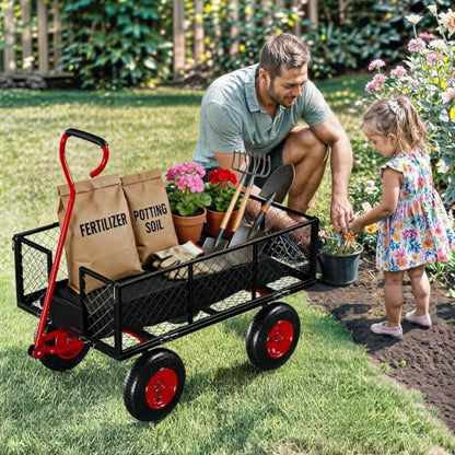 Garvee Steel Garden Cart Wagon,500 Lbs Wheelbarrow Yard Cart-Black&Red - color: Black Red, size: 500lbs