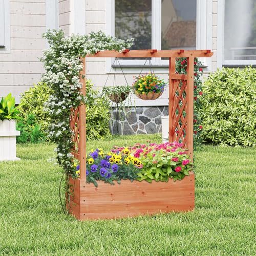 GIANTEX Raised Garden Bed with 2-Sided Trellis & Hanging Roof, Fir Wood Planter Box w/Drainage Holes, Freestanding Garden Planter for Flowers Herbs Climbing Vines (43"x15"x45") - size: 43"x15"x45"