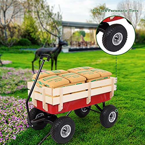 Outvita Outdoor All-Terrain Cargo Wagon, Wooden Side Support, Red