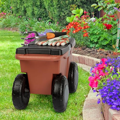 Pure Garden Rolling Garden Cart with Seat, Terracotta - color: Terracotta