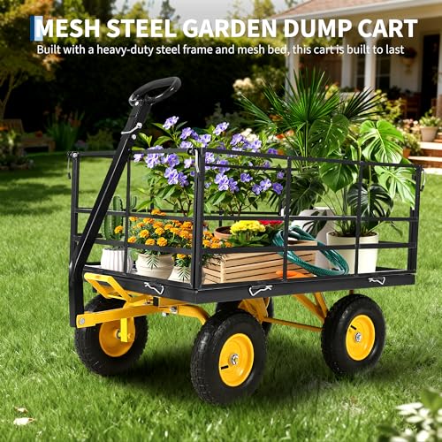 Heavy Duty 1500 Lbs Capacity Mesh Steel Garden Cart Folding Utility Wagon with Removable Sides, Garden Cart on Wheels for Gardening Soil, Tools, and Plant Transport - size: 50"D x 29.5"W x 32"H