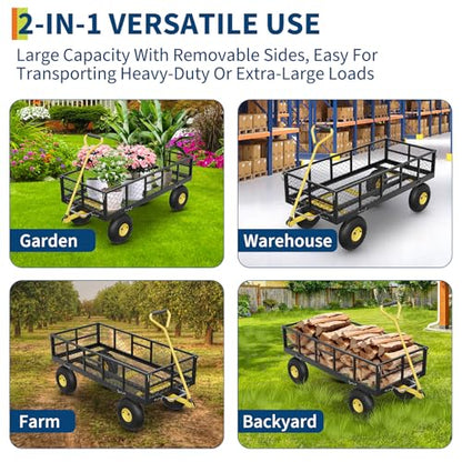 900 lbs Steel Garden Dump Cart with 10" Pneumatic Tires, Heavy Duty Yard Cart with 180°Rotating Handle & Removable Mesh Sides, Utility Dump Wagon for Lawn Farm Backyard, Black & Yellow - color: Black