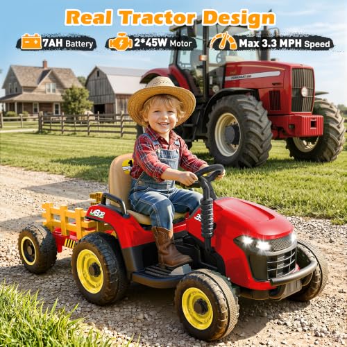 ARBELI 12V 7AH Kids Ride On Tractor w/Trailer & Remote Control, Red - color: Red