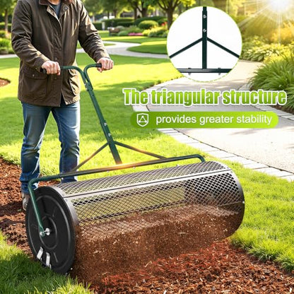 High-Capacity Metal Mesh Drum Compost Spreader with Side-Lock Peat Moss Spreader Ideal for Lawn and Garden Maintenance, Meeting Seeding and Fertilizing Needs for Farms and Vegetable Gardens. (44 inch) - size: 44 inch