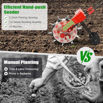 Hand Push Garden Seeder Planter, Manual Seed Sower with 10 Nozzles, Adjustable Seeding Depth & Quantity, Precision Roller Seeder for Corn Soybean Peanut Vegetable