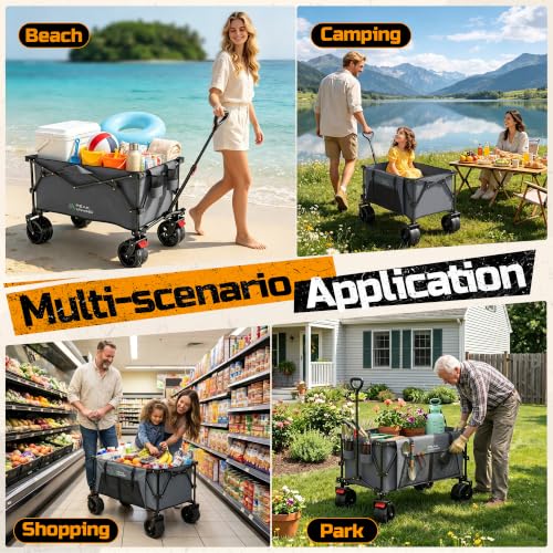400L Folding Wagon Cart with Brakes & Removable Table, 500lbs Heavy Duty Collapsible Wagon, Big All-Terrain Wheels for Camping, Sports, Grocery, Outdoor - Gray - color: Gray-big