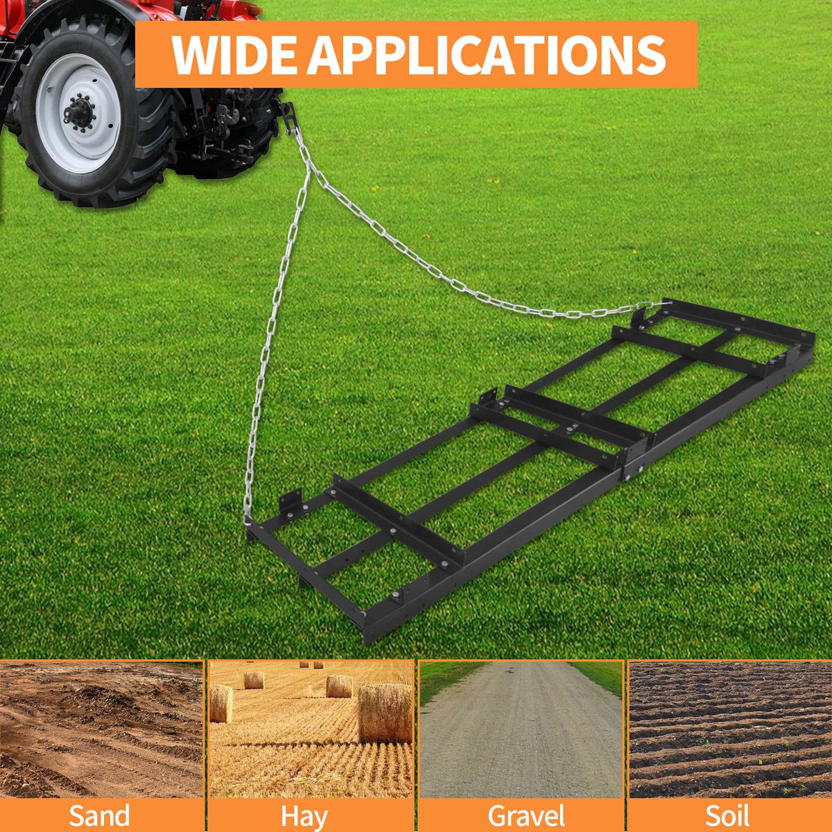 8ft Lawn Leveling Rake Drag Harrow - Adjustable Tow Behind Driveway Grader - size: 8FT